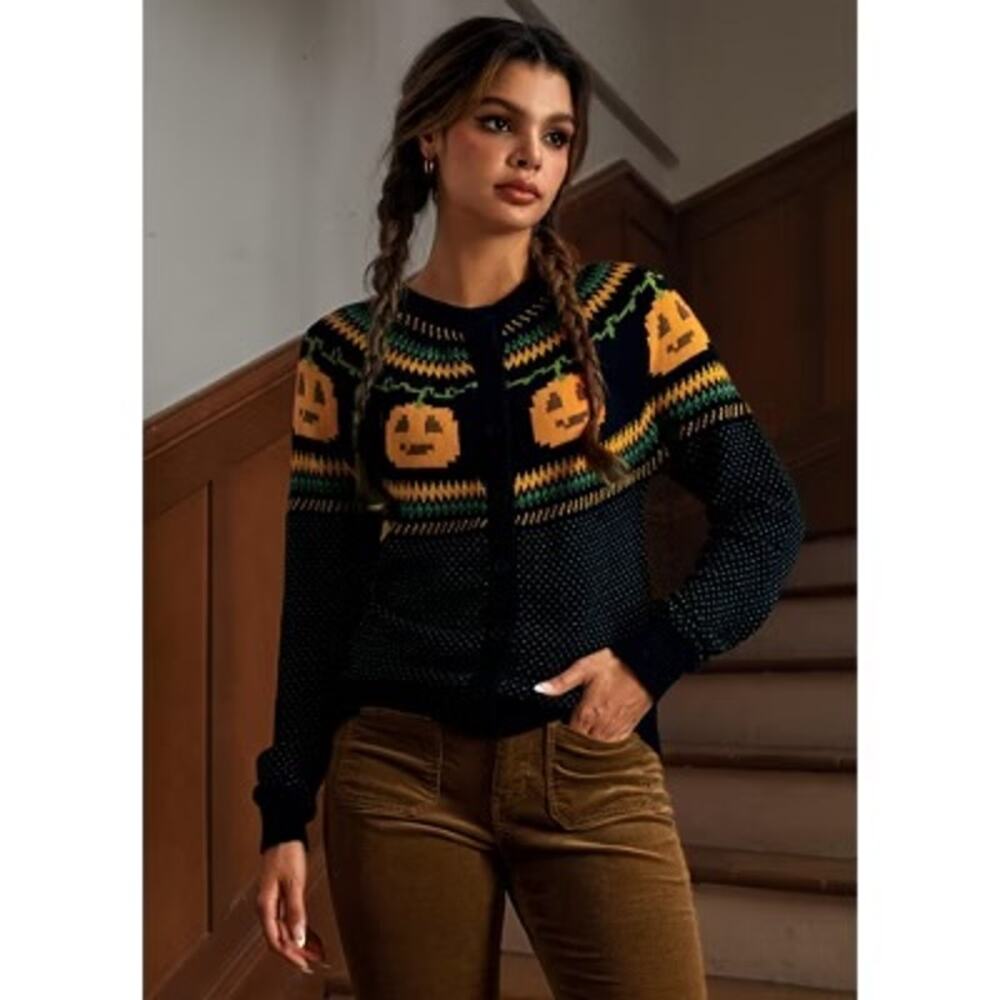 ModCloth Pumpkin Fair Isle Halloween Sweater Cardigan Pumpkin Sweater Medium - Picture 5 of 16